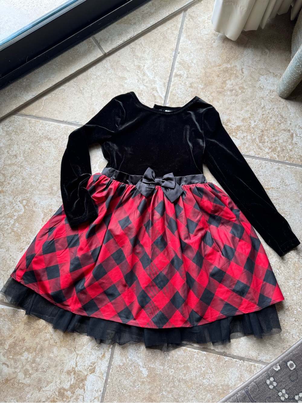 Cat & Jack Black Velvet Top with Red and Black Plaid Skirt Holiday Dress, Size S